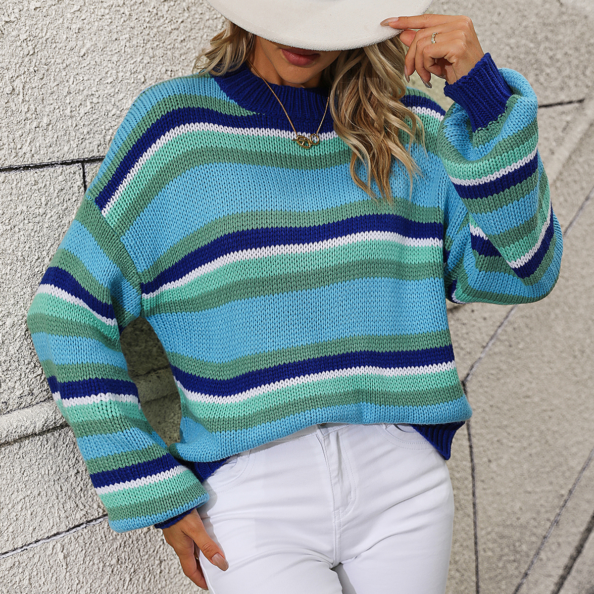 Spliced sweater loose mid-color round neck striped sweater for women