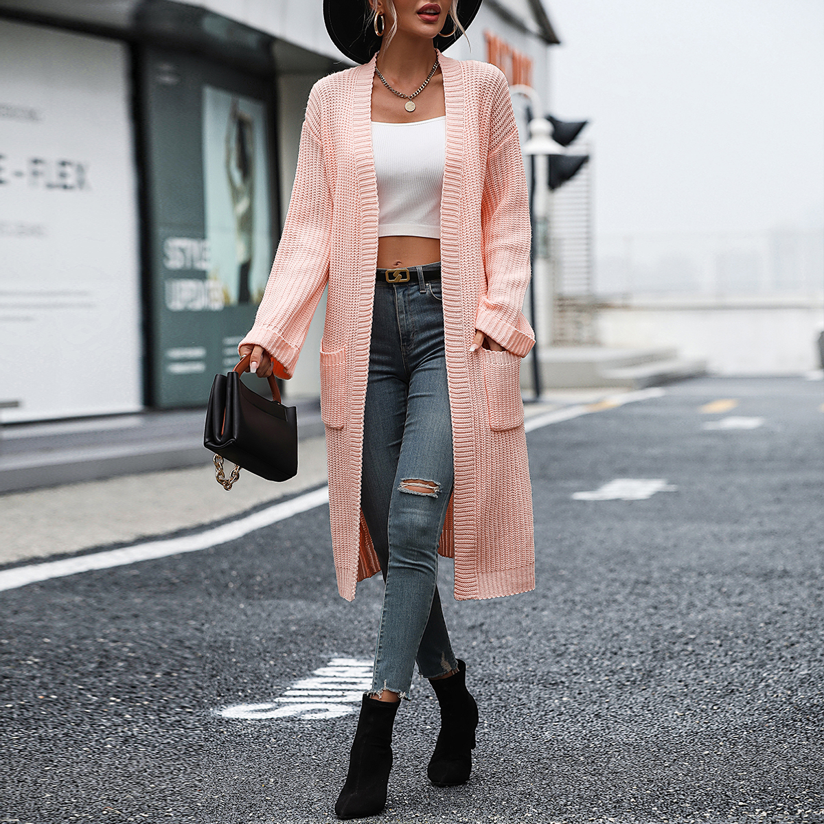 Women's solid color sweater pocket coat sweater women