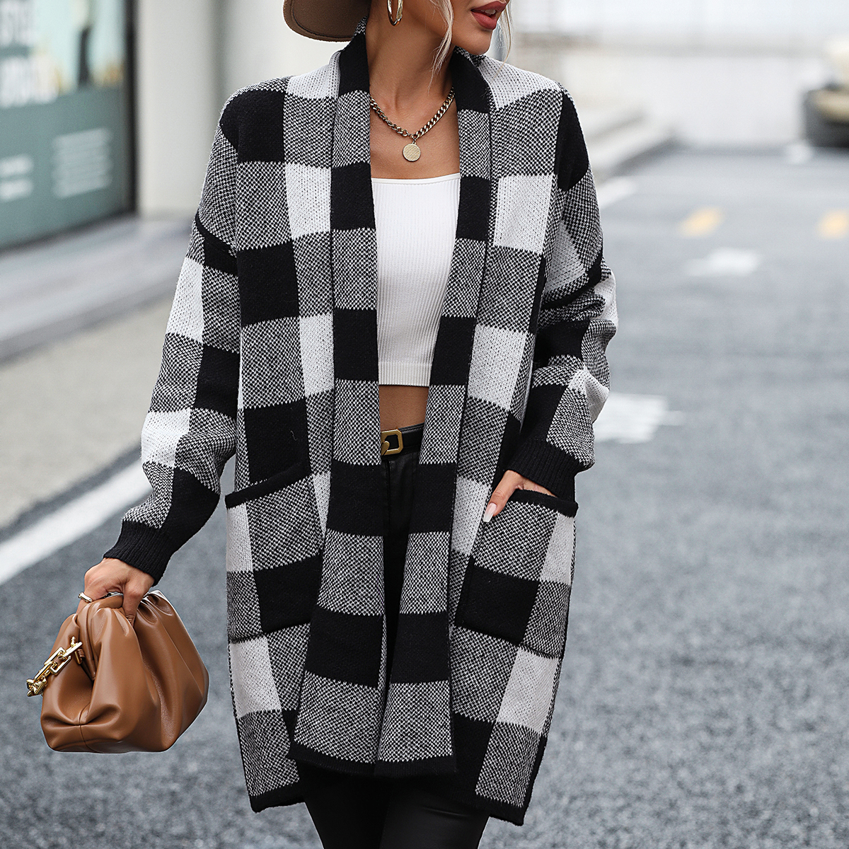 Loose plaid color block knitted cardigan fashionable sweater