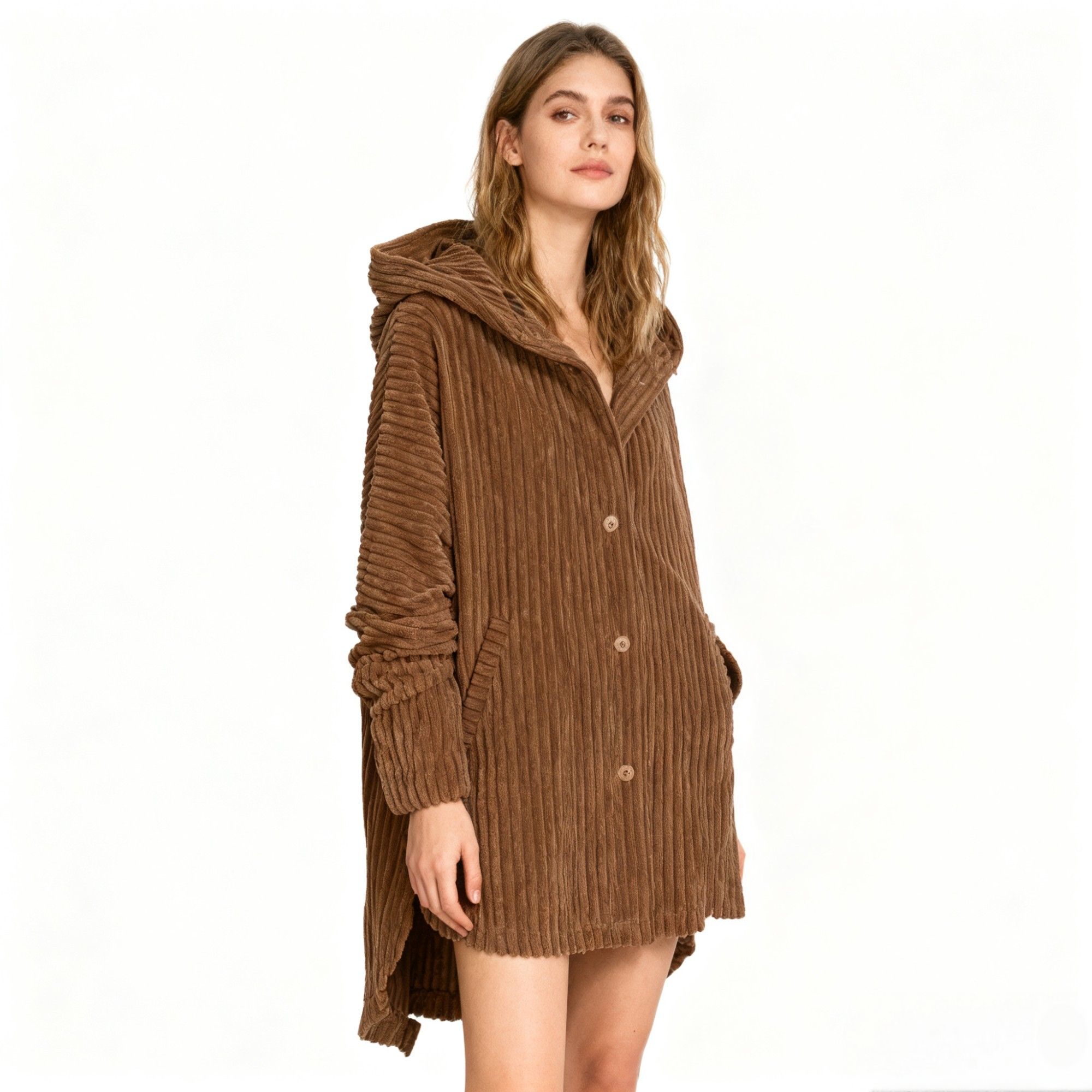 Női egyszínű, kapucnis, gombos, bordázott dzseki