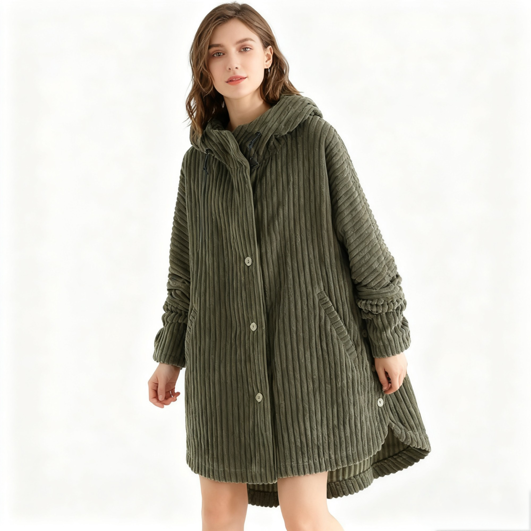 Női egyszínű, kapucnis, gombos, bordázott dzseki