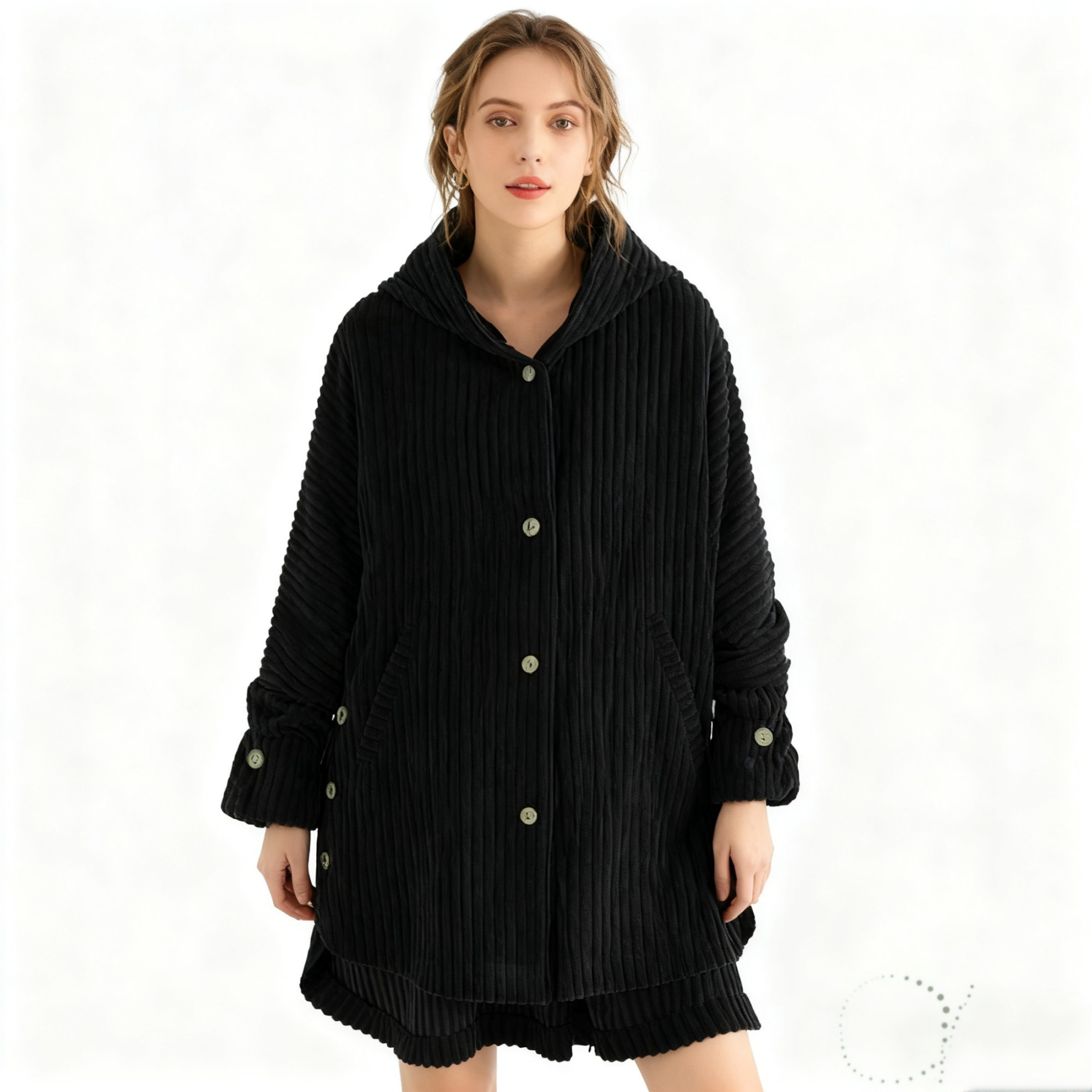 Női egyszínű, kapucnis, gombos, bordázott dzseki