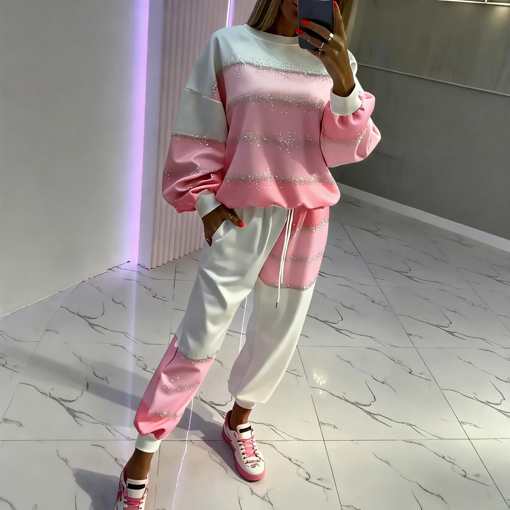 Női kerek nyakú, aranyozott, patchwork felső + nadrág, húzózsinóros lezser kosztüm