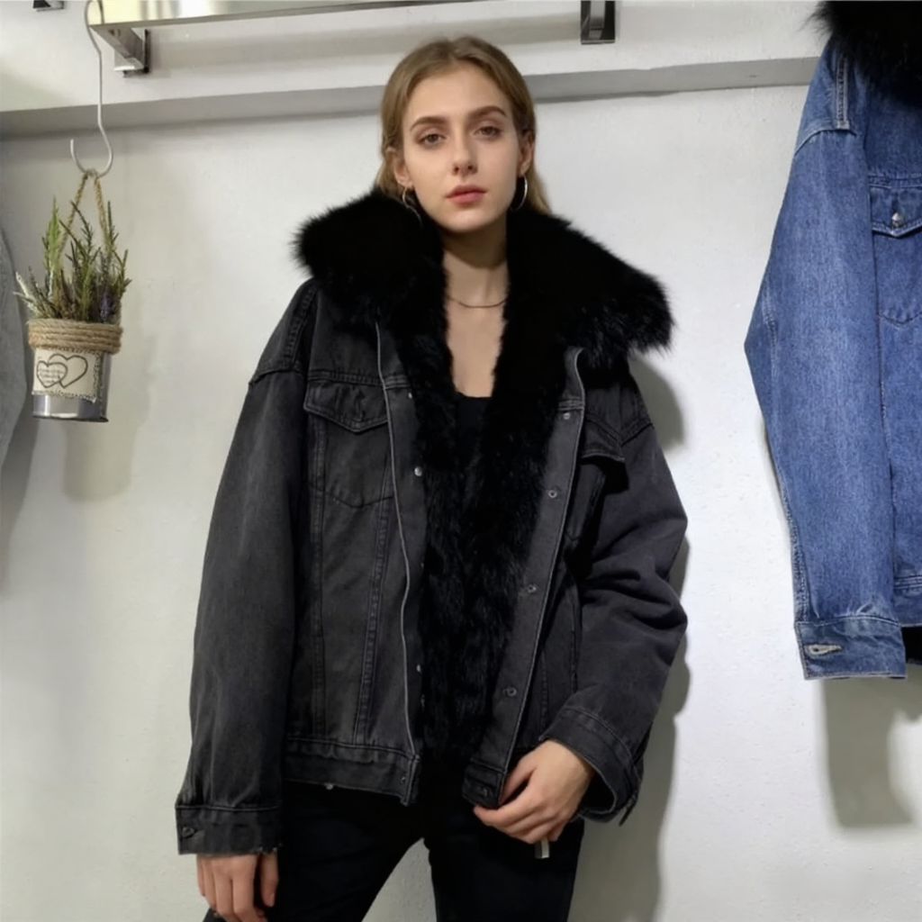 Női kapucnis farmerdzseki szőrmegallérral