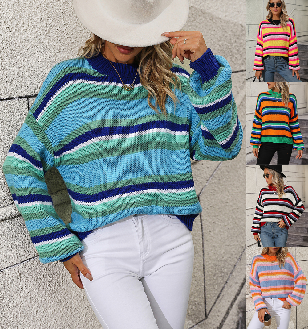 Spliced sweater loose mid-color round neck striped sweater for women