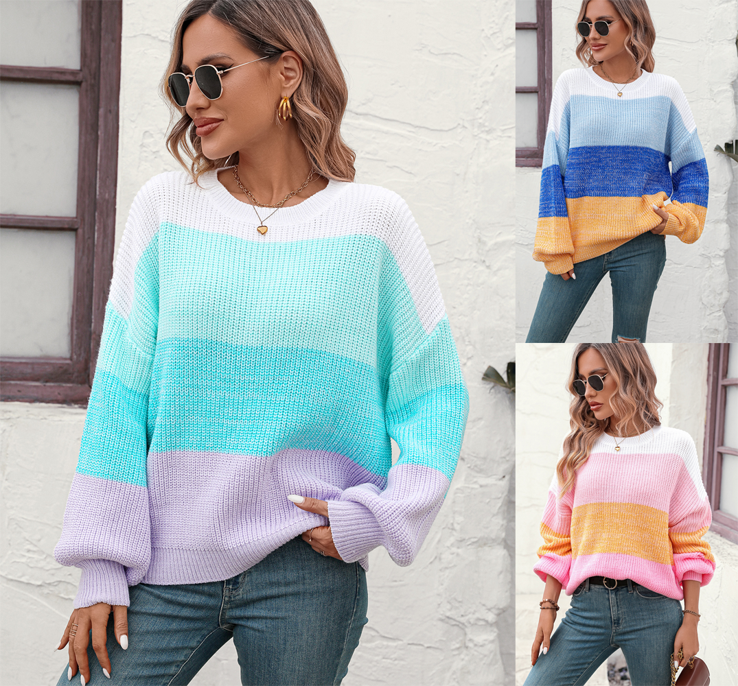 Women's color block crew neck sweater fashionable sweater