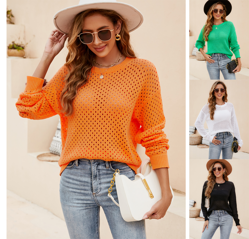 Solid color women's knitted sweater hollow pullover crew neck sweater for women