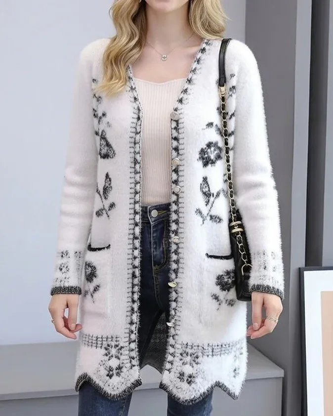 Női vintage gyapjú virágmintás kardigán