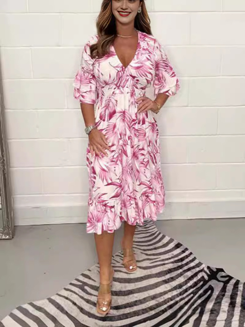 2024-es új nyári mintás alkalmi, V-nyakú, hosszú ujjú női ruha