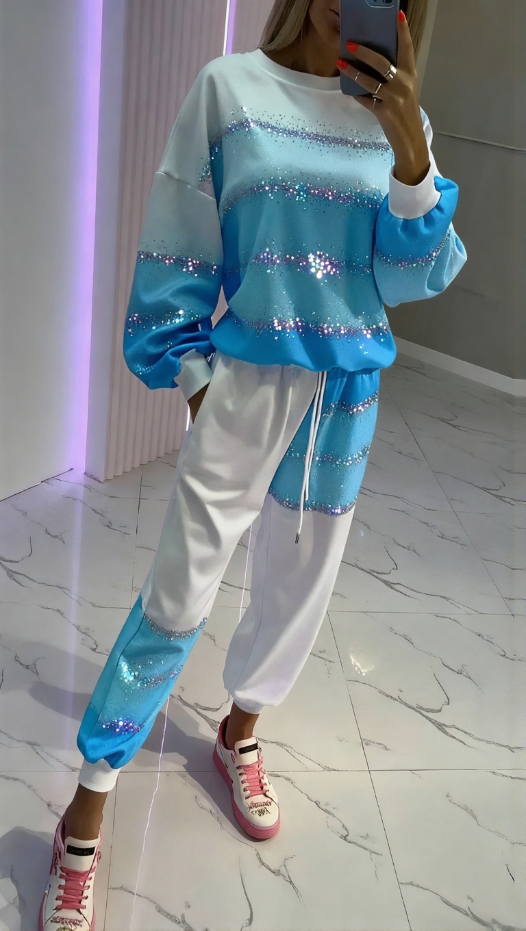 Női kerek nyakú, aranyozott, patchwork felső + nadrág, húzózsinóros lezser kosztüm