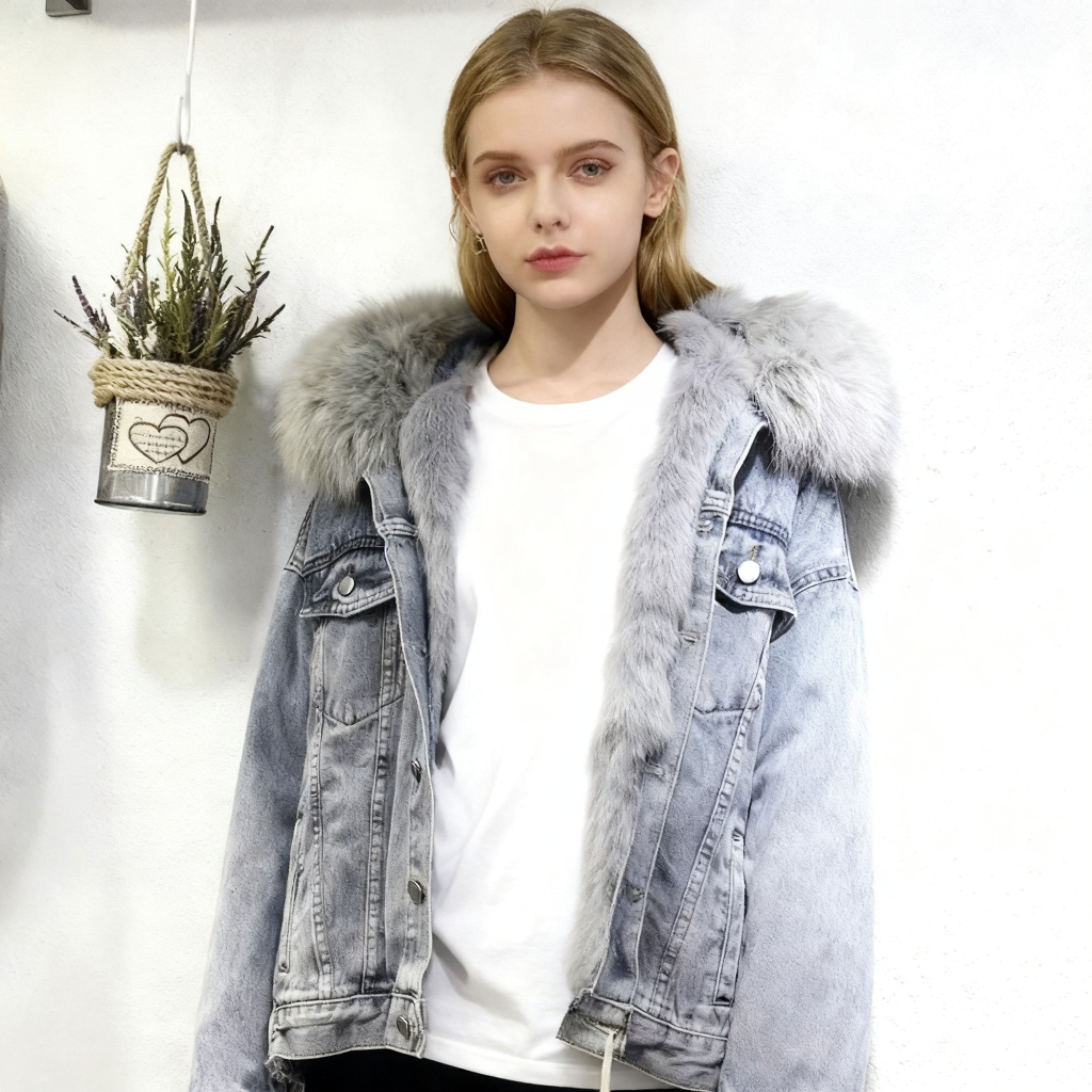 Női kapucnis farmerdzseki szőrmegallérral