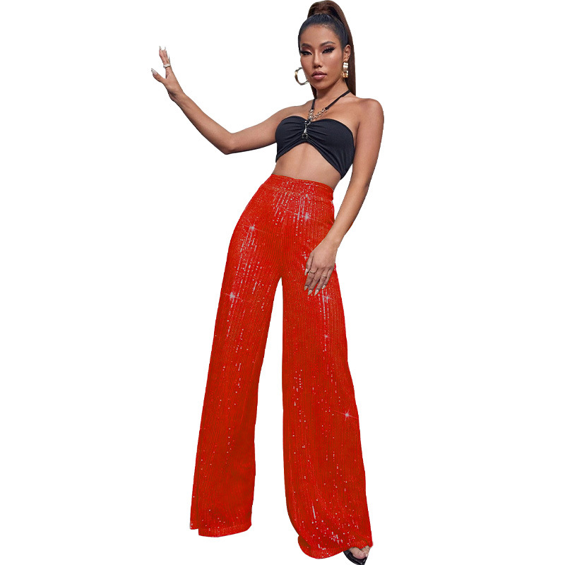 2024 Summer Women's High Waist Fashion Casual Pants Sequin Loose Drape Wide Leg Pants