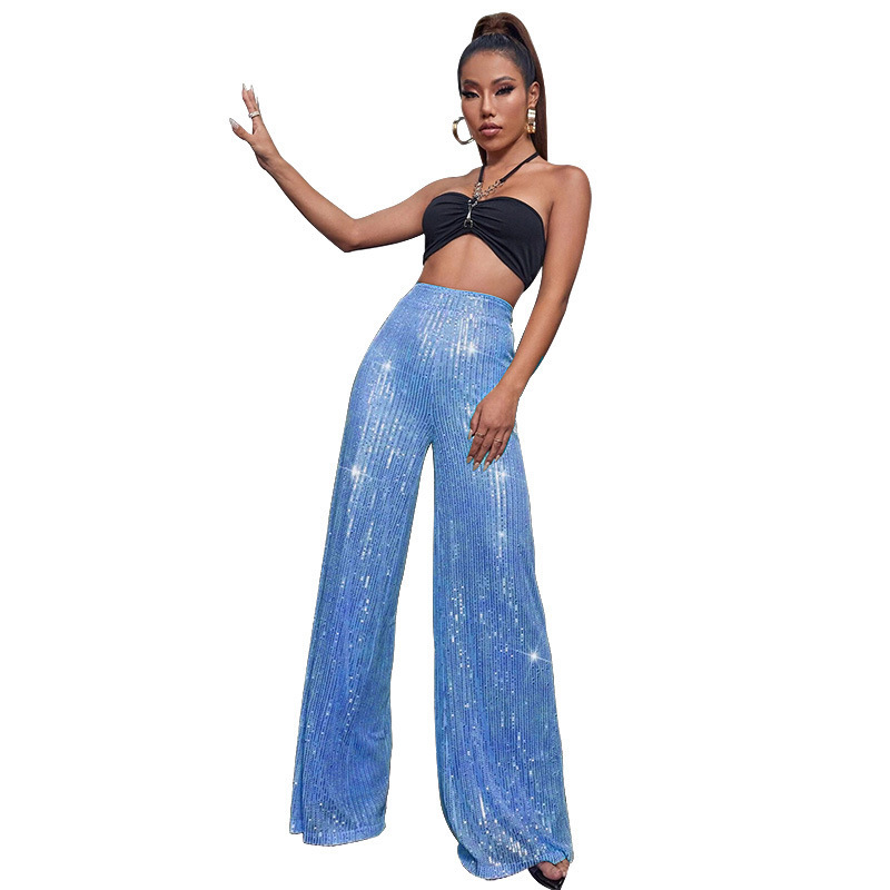 2024 Summer Women's High Waist Fashion Casual Pants Sequin Loose Drape Wide Leg Pants