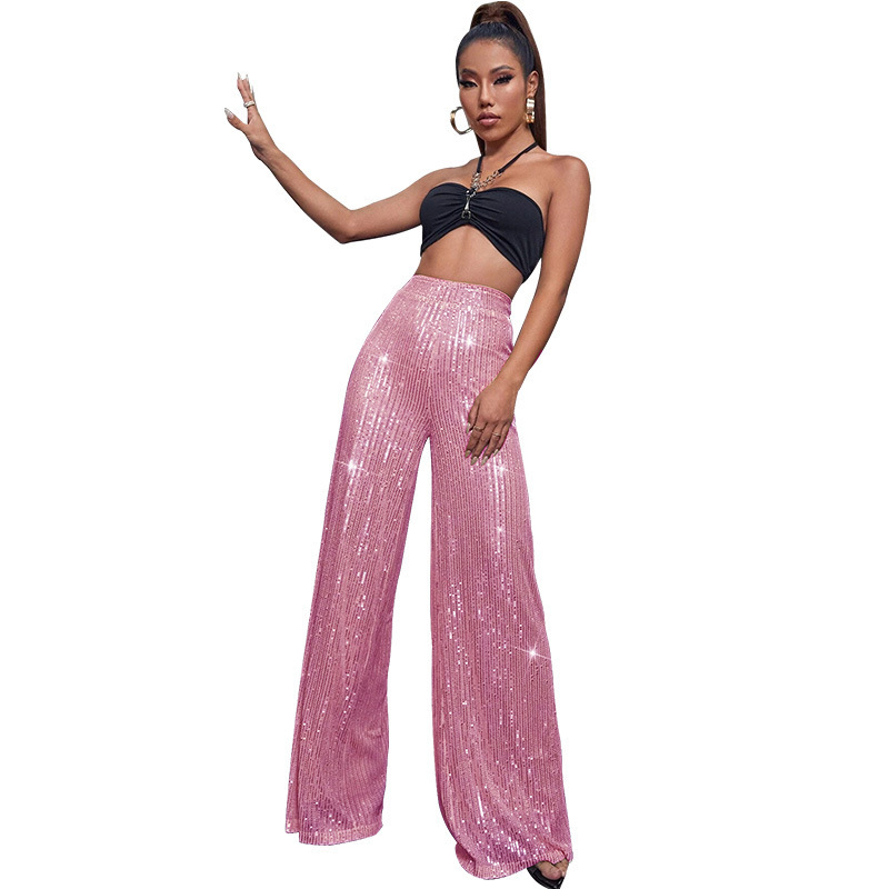 2024 Summer Women's High Waist Fashion Casual Pants Sequin Loose Drape Wide Leg Pants
