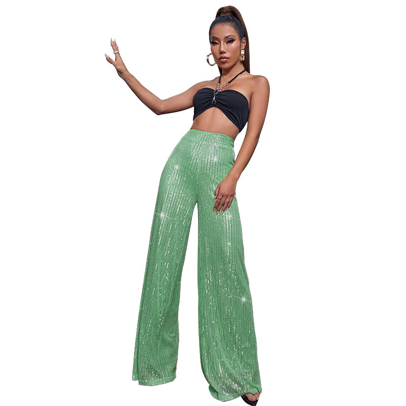 2024 Summer Women's High Waist Fashion Casual Pants Sequin Loose Drape Wide Leg Pants