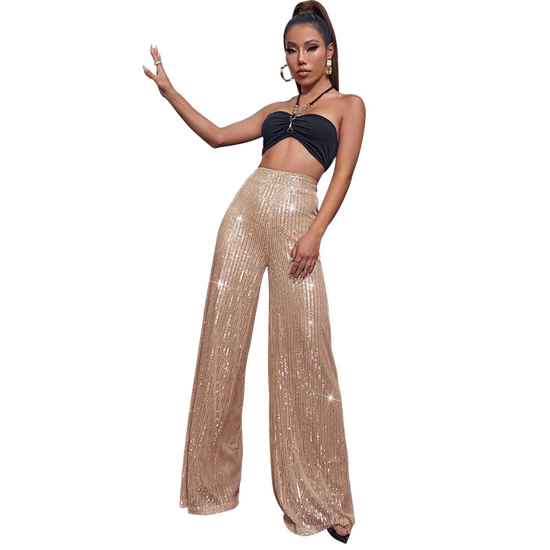 2024 Summer Women's High Waist Fashion Casual Pants Sequin Loose Drape Wide Leg Pants