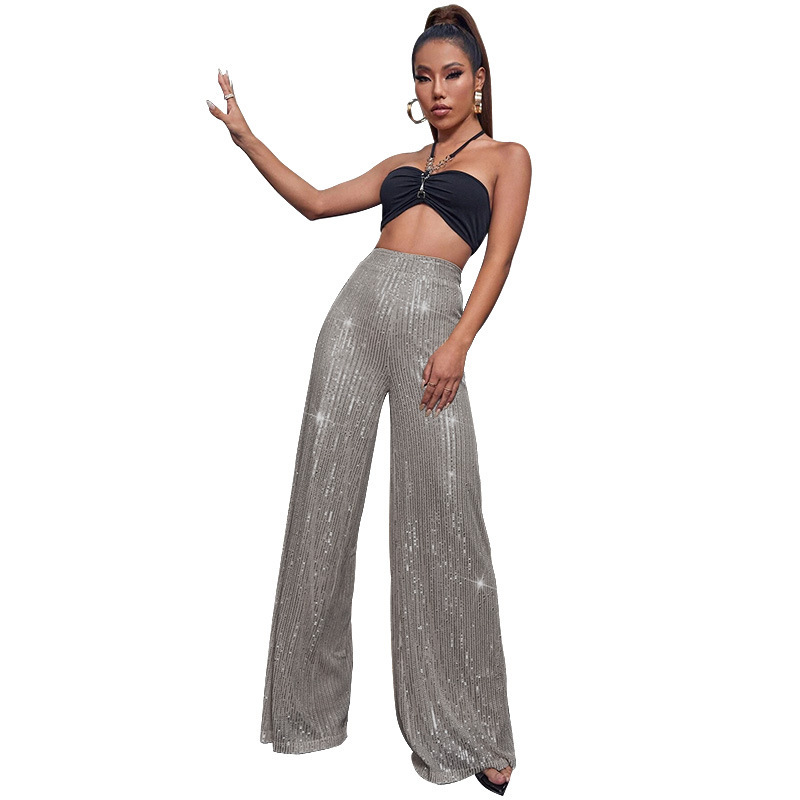 2024 Summer Women's High Waist Fashion Casual Pants Sequin Loose Drape Wide Leg Pants