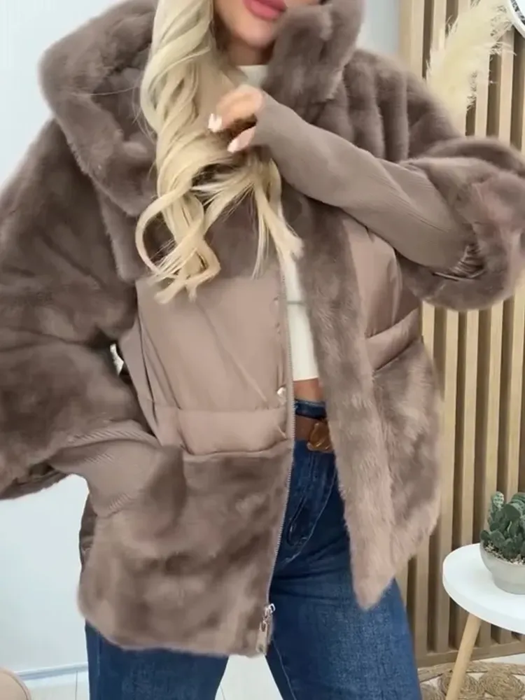 Női kapucnis plüss patchwork alkalmi kabát