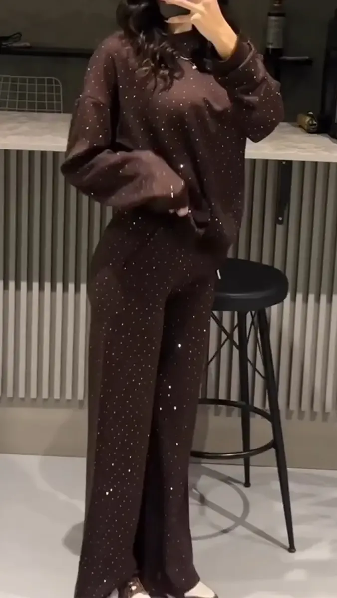 Női kerek nyakú strasszos forró bélyegzésű alkalmi öltöny