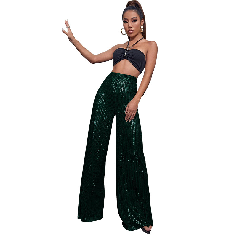 2024 Summer Women's High Waist Fashion Casual Pants Sequin Loose Drape Wide Leg Pants