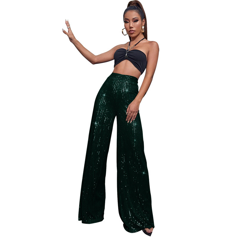 2024 Summer Women's High Waist Fashion Casual Pants Sequin Loose Drape Wide Leg Pants