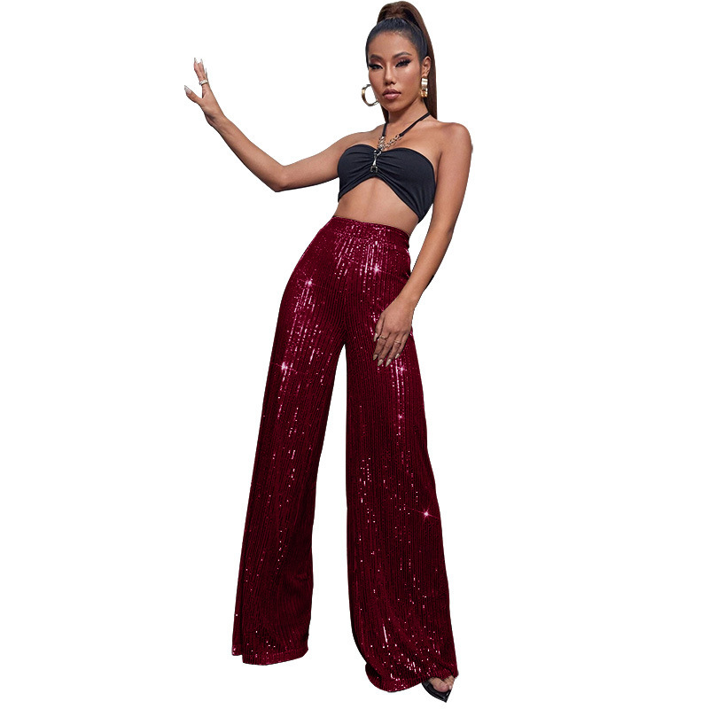 2024 Summer Women's High Waist Fashion Casual Pants Sequin Loose Drape Wide Leg Pants
