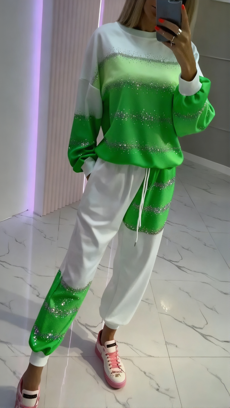 Női kerek nyakú, aranyozott, patchwork felső + nadrág, húzózsinóros lezser kosztüm