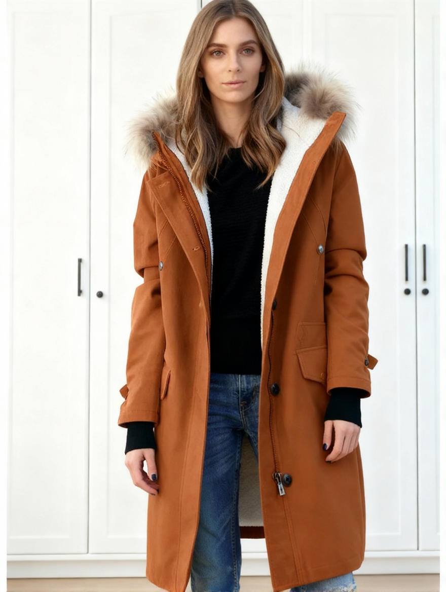 Női hosszú, kapucnis kabát szőrmegallérral