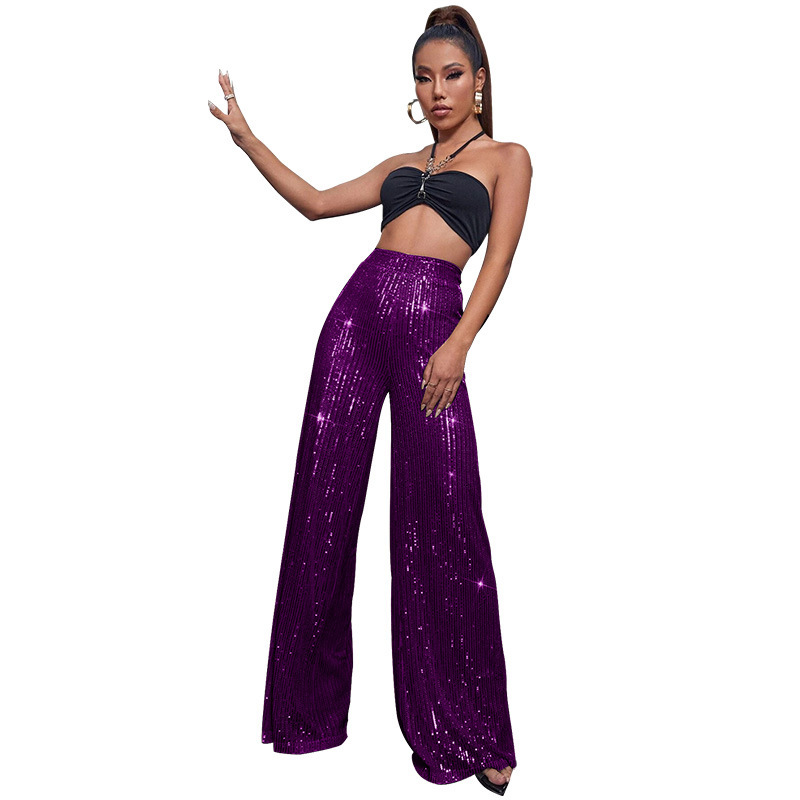 2024 Summer Women's High Waist Fashion Casual Pants Sequin Loose Drape Wide Leg Pants