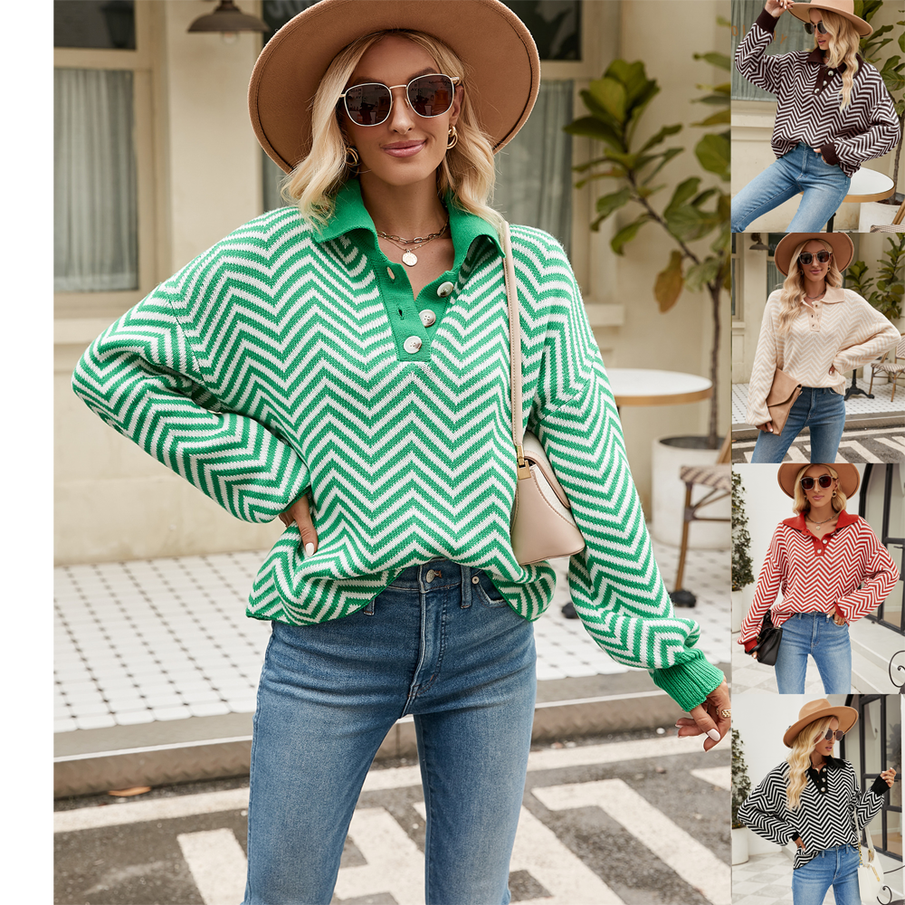 Fashion striped sweater for women long sleeve color block lapel sweater for women