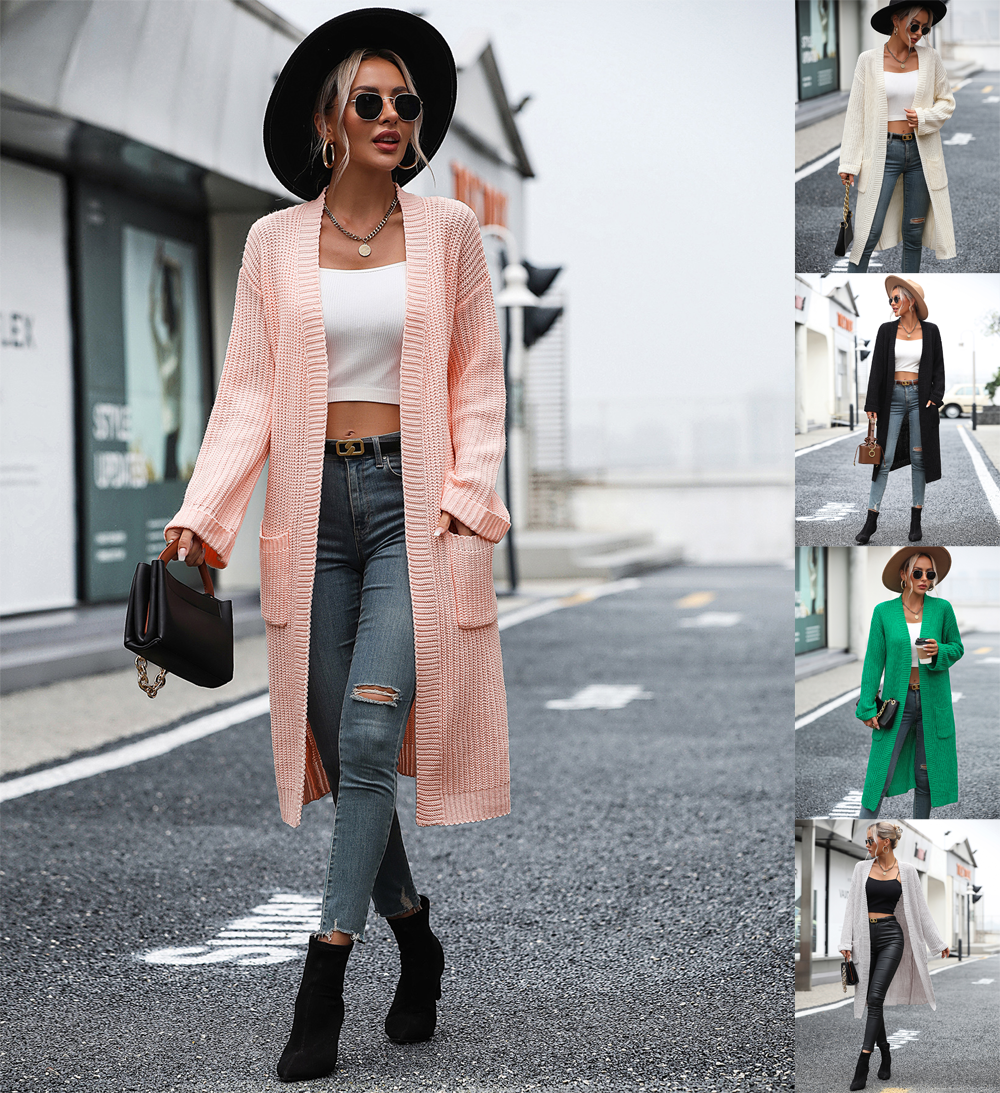 Women's solid color sweater pocket coat sweater women