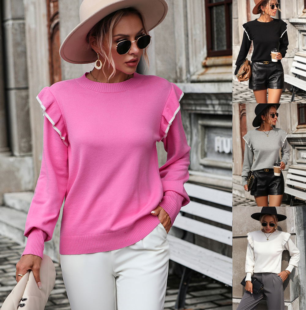 Ruffled knitted sweater loose solid color round neck pullover fashionable sweater for women