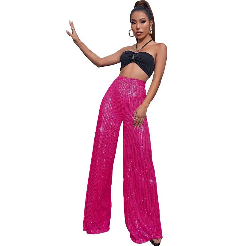 2024 Summer Women's High Waist Fashion Casual Pants Sequin Loose Drape Wide Leg Pants