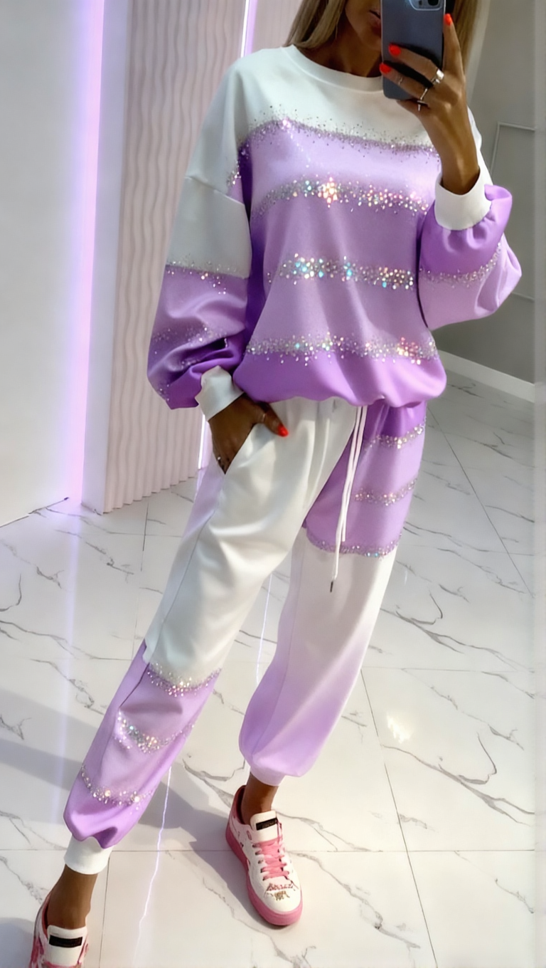 Női kerek nyakú, aranyozott, patchwork felső + nadrág, húzózsinóros lezser kosztüm