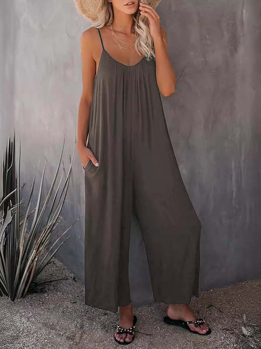 Női, függőnadrágos, 2024-es nyári új, egyszínű, zsebes, hétköznapi kombinék