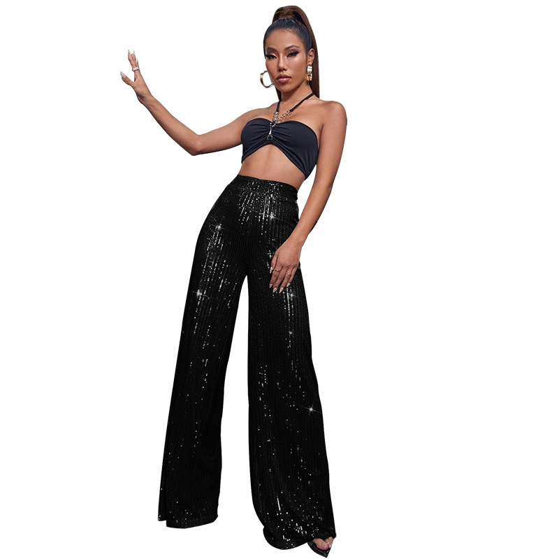 2024 Summer Women's High Waist Fashion Casual Pants Sequin Loose Drape Wide Leg Pants