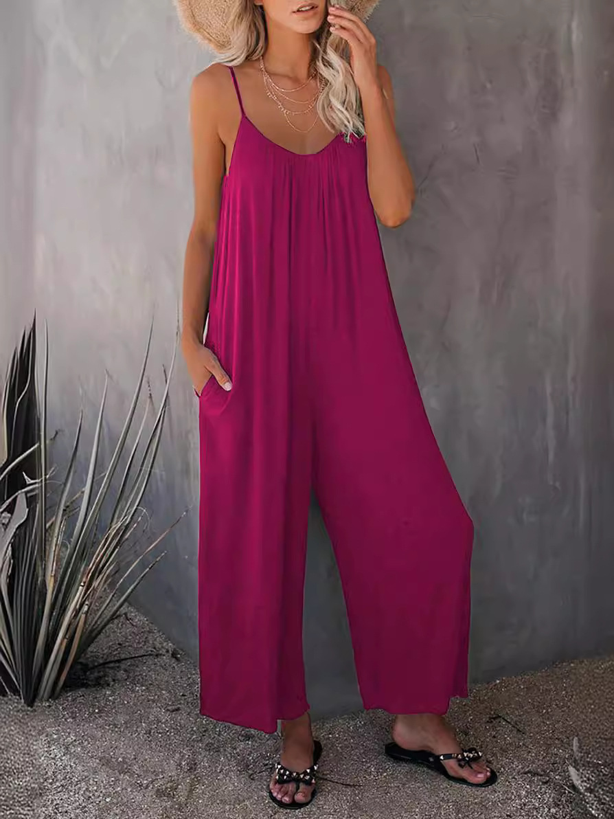 Női, függőnadrágos, 2024-es nyári új, egyszínű, zsebes, hétköznapi kombinék