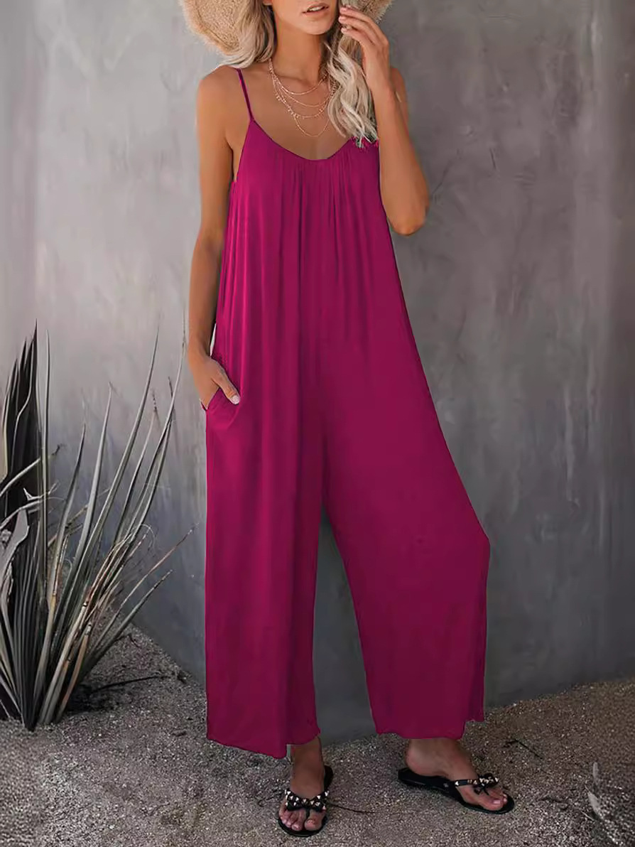 Női, függőnadrágos, 2024-es nyári új, egyszínű, zsebes, hétköznapi kombinék