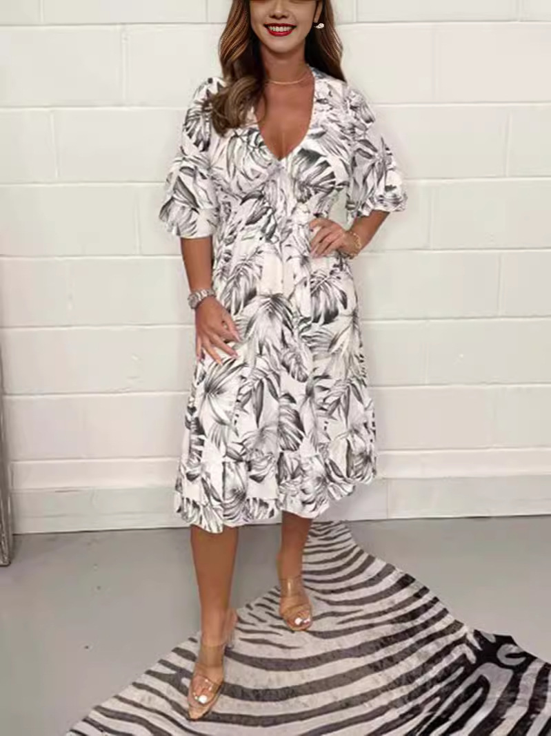 2024-es új nyári mintás alkalmi, V-nyakú, hosszú ujjú női ruha