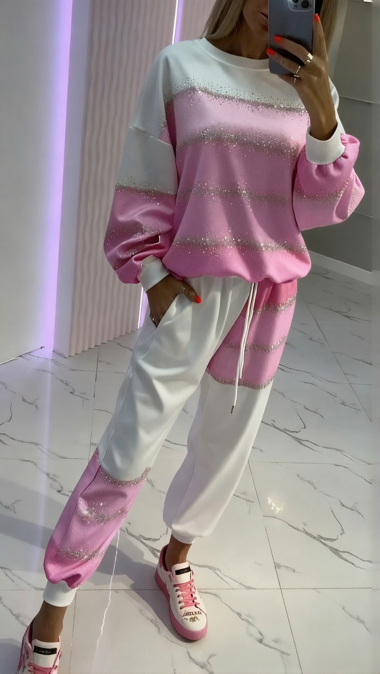 Női kerek nyakú, aranyozott, patchwork felső + nadrág, húzózsinóros lezser kosztüm