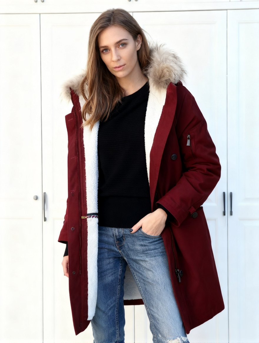 Női hosszú, kapucnis kabát szőrmegallérral