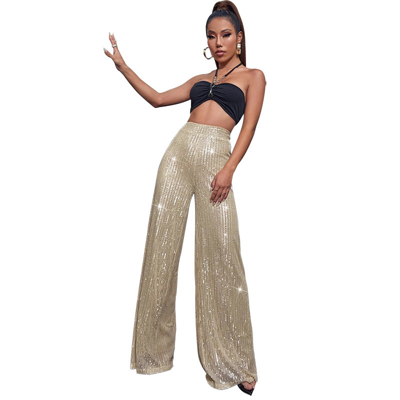 2024 Summer Women's High Waist Fashion Casual Pants Sequin Loose Drape Wide Leg Pants