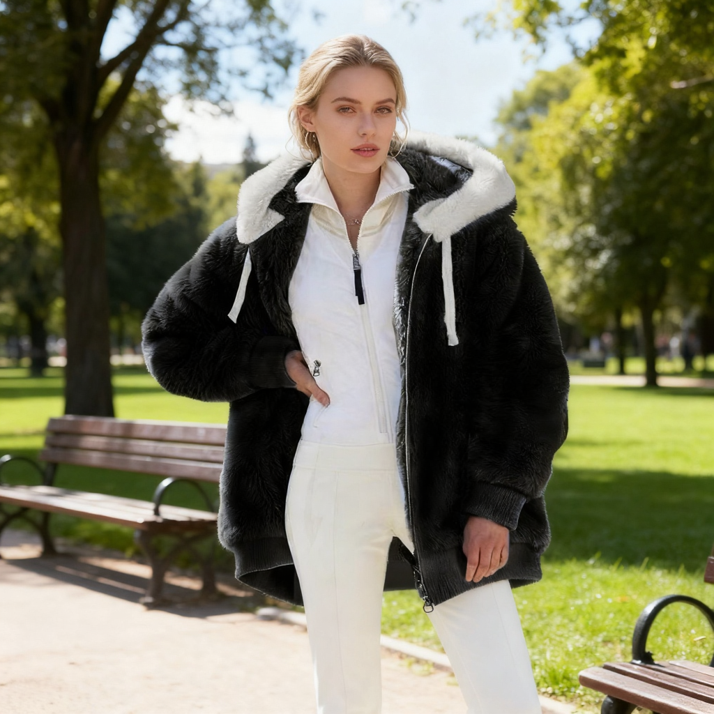 Női kapucnis polárkabát báránybőr béléssel