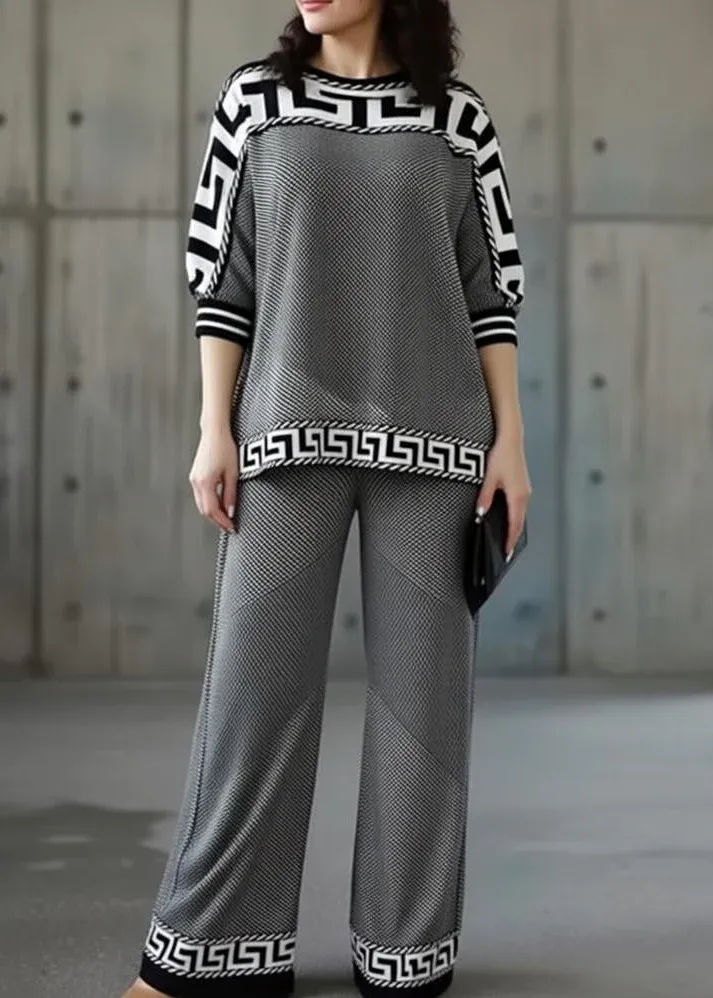 Női retró mintás kerek nyakú kétrészes szett