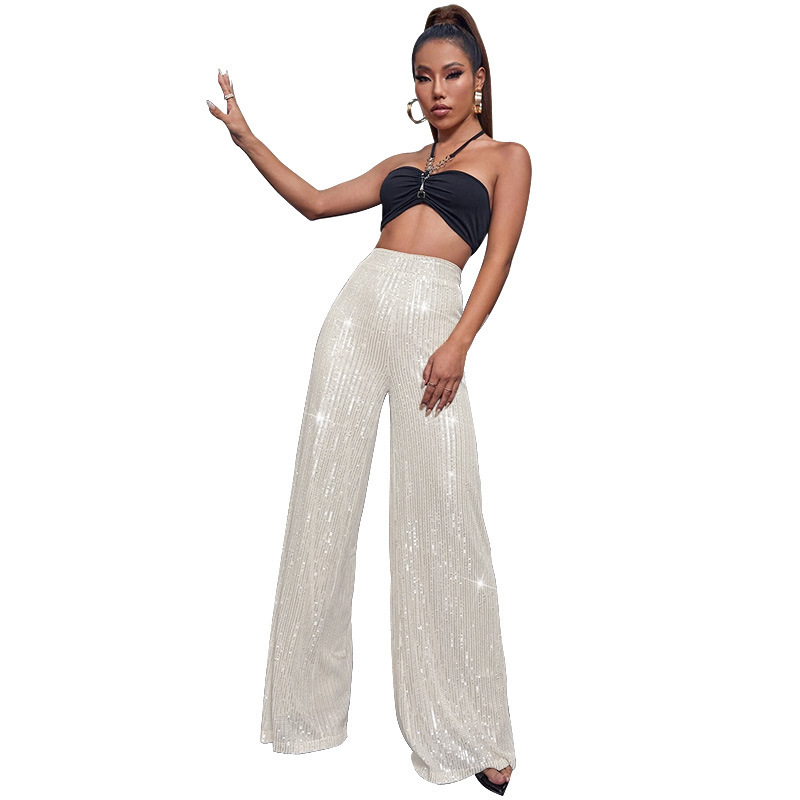 2024 Summer Women's High Waist Fashion Casual Pants Sequin Loose Drape Wide Leg Pants