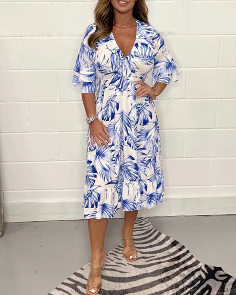 2024-es új nyári mintás alkalmi, V-nyakú, hosszú ujjú női ruha