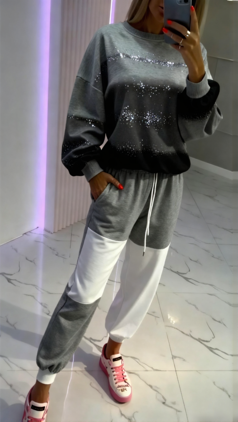 Női kerek nyakú, aranyozott, patchwork felső + nadrág, húzózsinóros lezser kosztüm