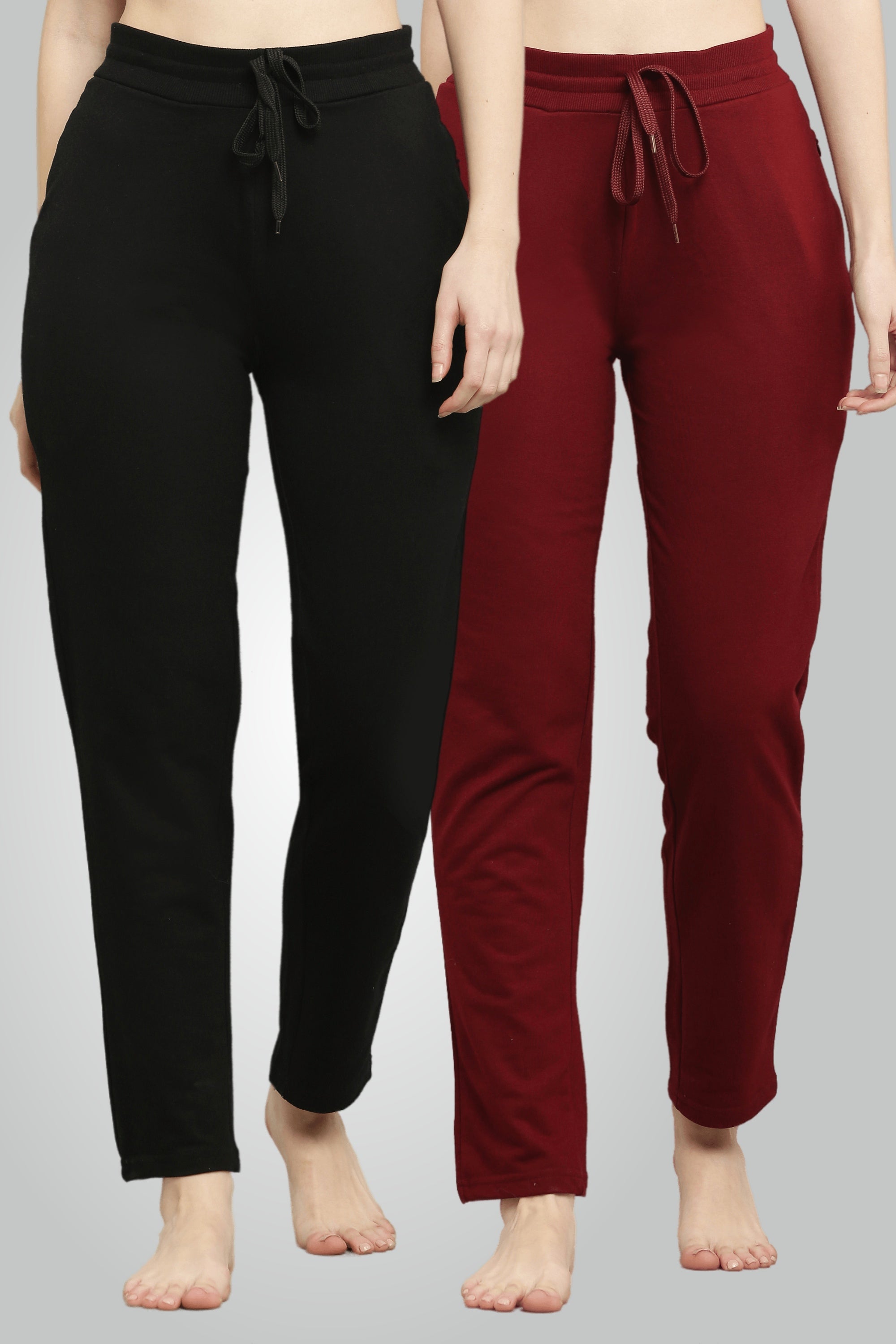 Black & Maroon Combed Cotton Track Pant For Women