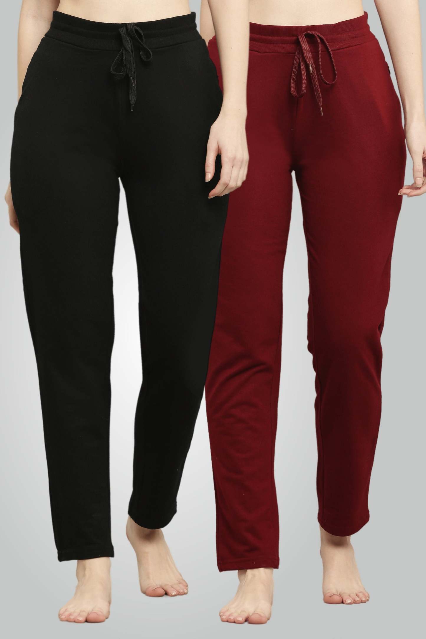 Black & Maroon Combed Cotton Track Pant For Women