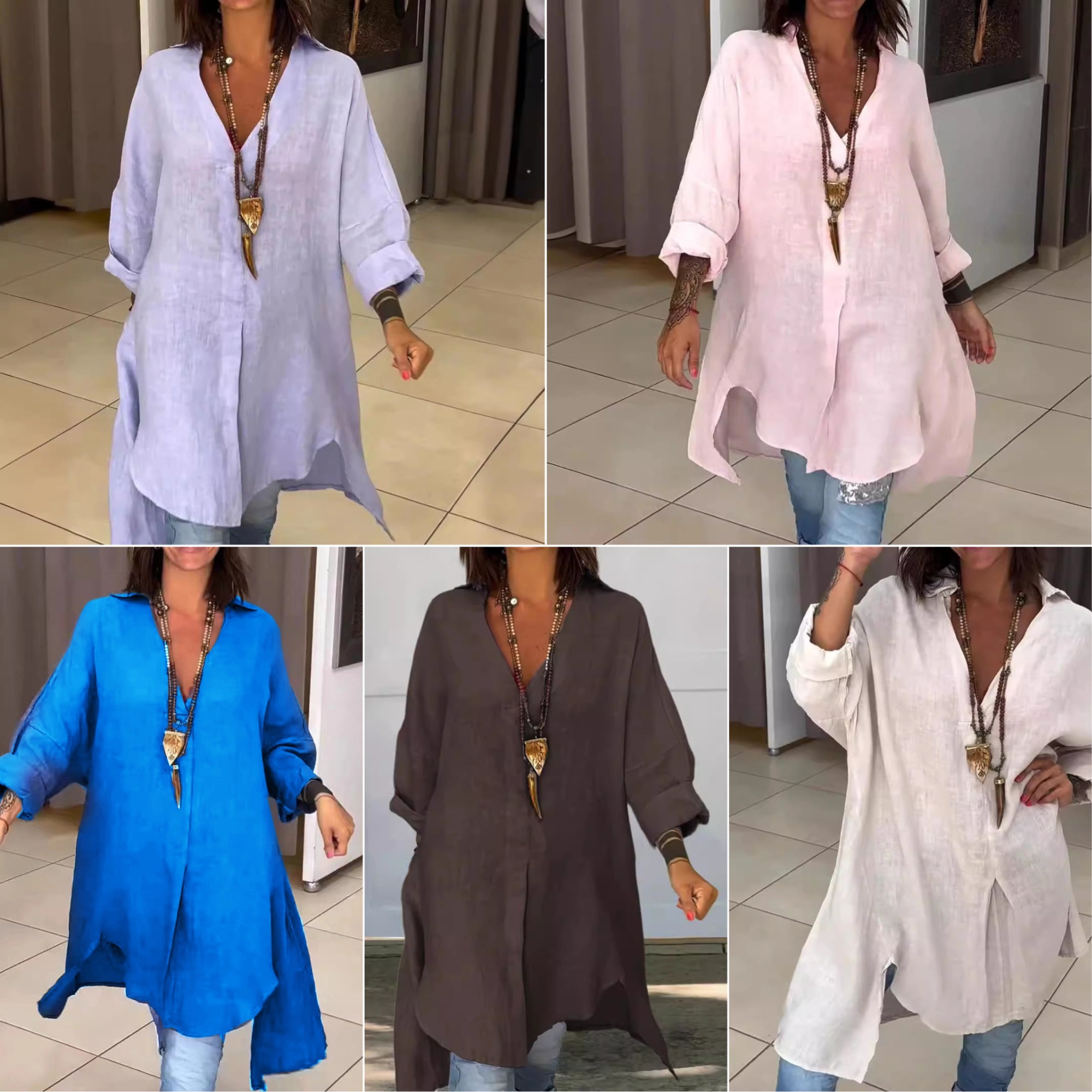 Pamut és lenvászon V-nyakú hosszú lezser ing